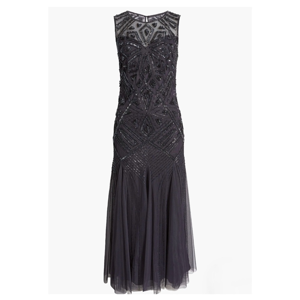 Pisarro Nights Slate Blue Geometric Beaded Sleeveless Gown D-2621 Size 14 - Picture 5 of 13
